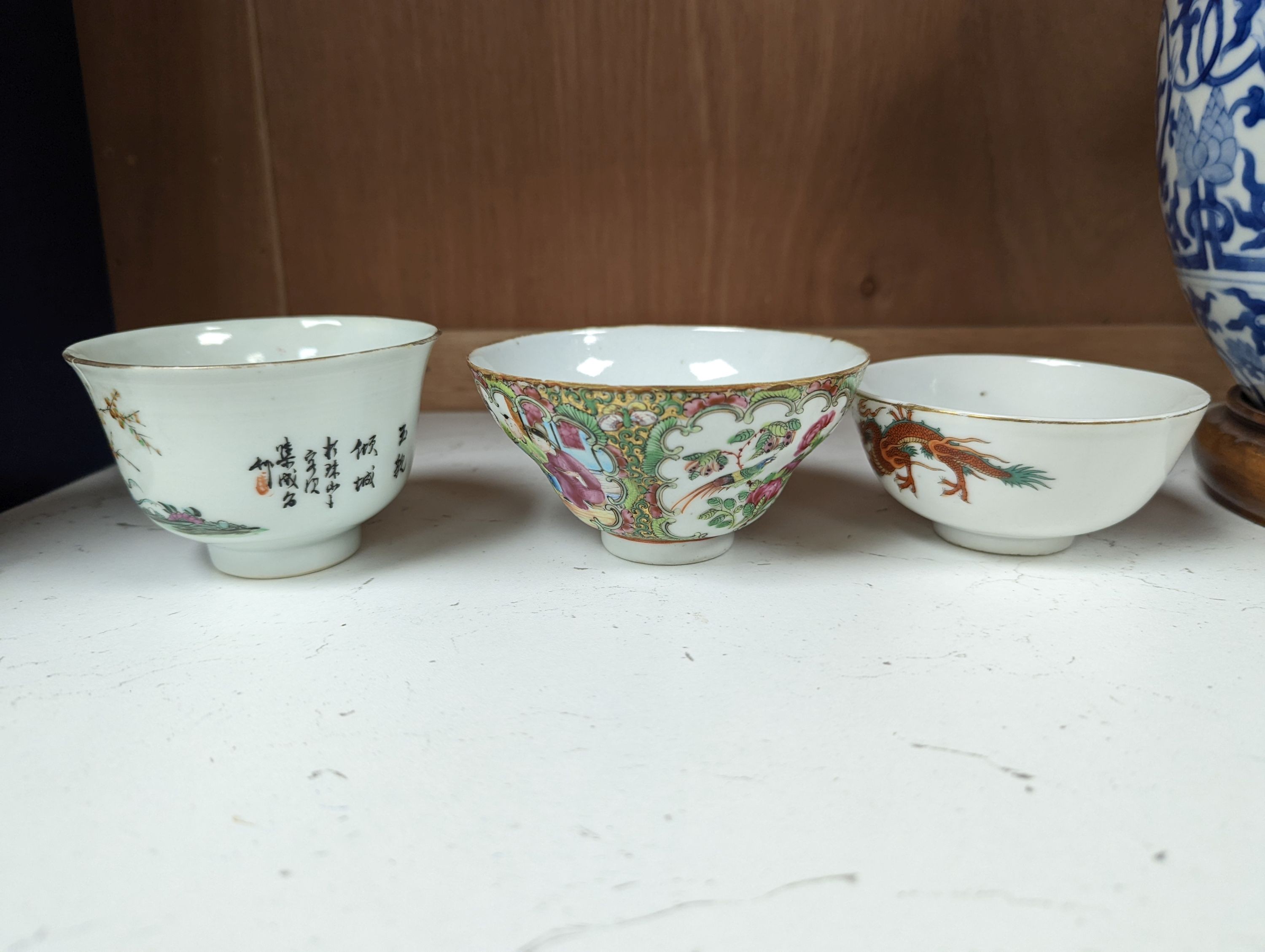 Nine Chinese porcelain tea bowls, tallest 6 cm.